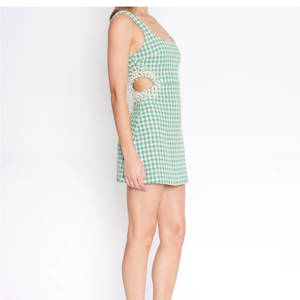 4SI3NNA Green and White Houndstooth Mini Dress